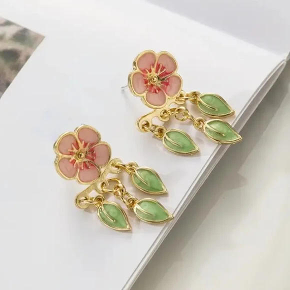 Cherry Blossom Flower with Dangle Leaves Stud Earrings - Picture 1 of 4